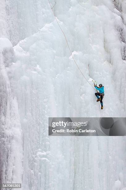 a woman ice climbs on blodgett falls in the bitterroot mountains of montana. - ice climbing stockfoto's en -beelden