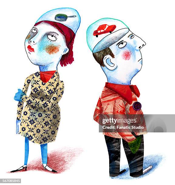 unhappy couple with relationship difficulties - couple thinking white background stock illustrations