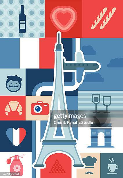 illustrative collage representing city life and landmarks in paris, france - perfume atomizer stock illustrations