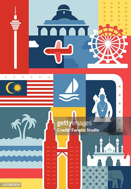 ilustraciones, imágenes clip art, dibujos animados e iconos de stock de illustrative collage of malaysia - spire