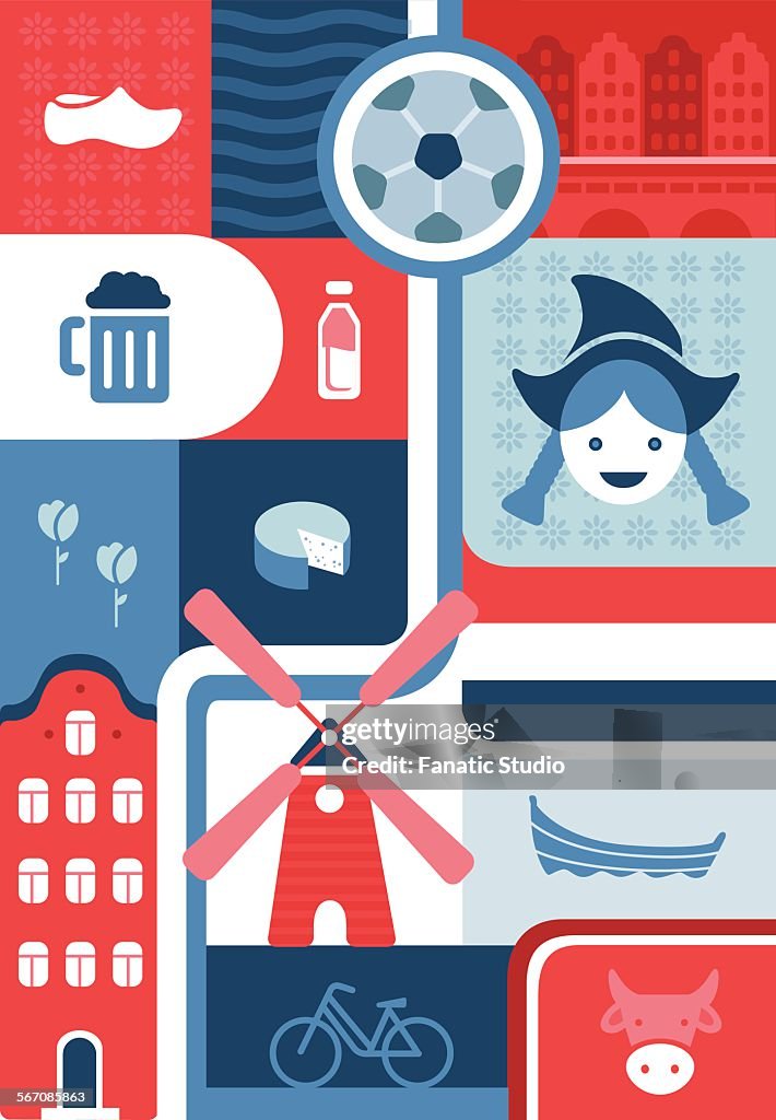 Illustrative collage representing city life in Amsterdam, Netherlands