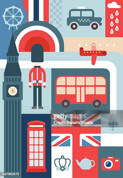 ilustrações, clipart, desenhos animados e ícones de illustrative collage representing city life in london - studio camera