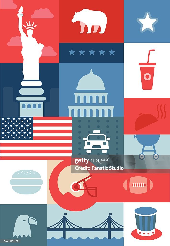 Illustrative collage representing landmarks and city life in USA