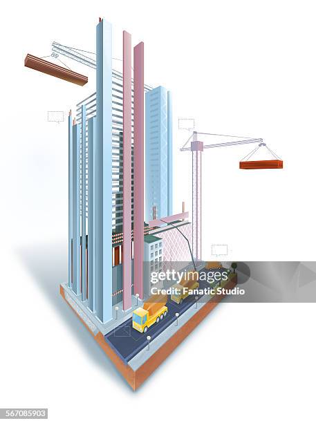 illustrative representation of office building under construction on white background - vertical 3d frame white background stock illustrations