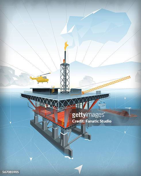 oil drilling platform on sea - helipad stock illustrations
