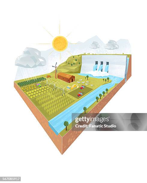 ilustrações, clipart, desenhos animados e ícones de 3d design of dam and irrigation project on white background - rainy season