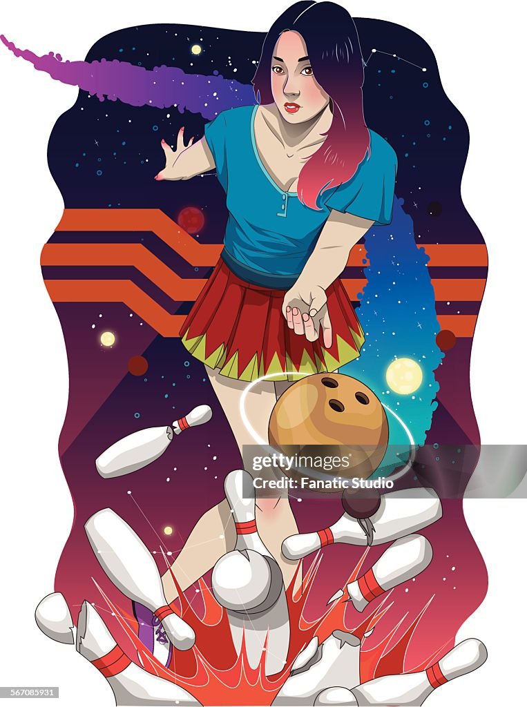 Illustrative image of young woman playing ten pin bowling