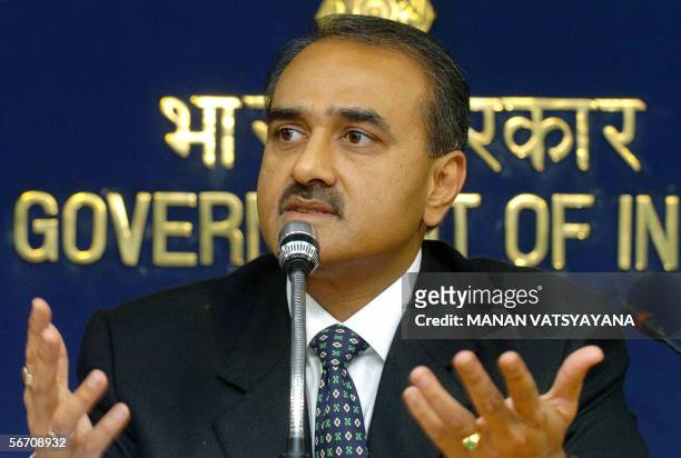 Indian Civil Aviation Minister Praful Patel addresses the media in New Delhi, 31 January 2006. Construction firm GMR Industries - based in Hyderabad...