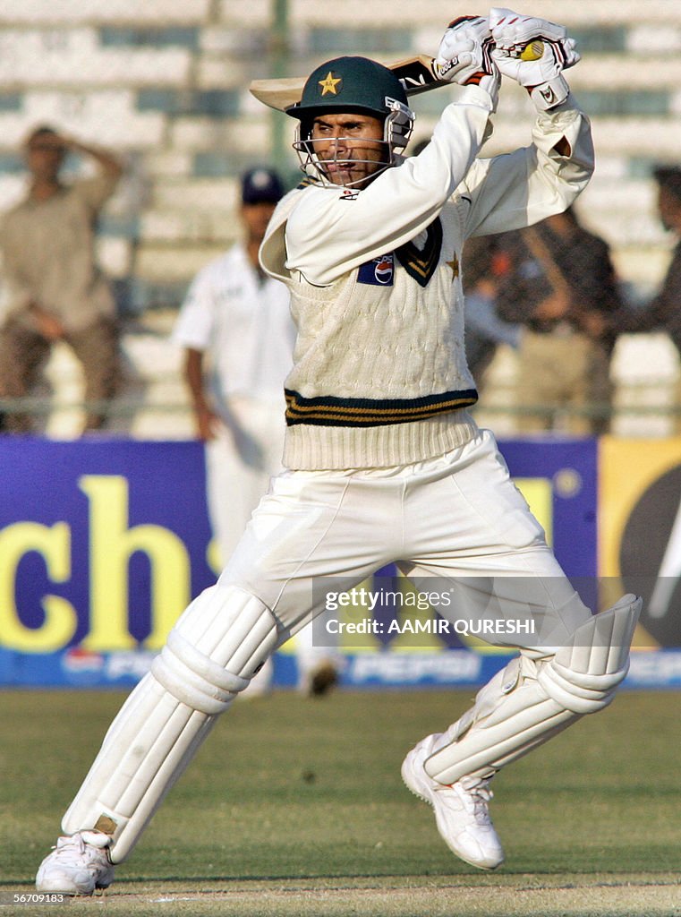Pakistani cricketer Abdul Razzaq hits a