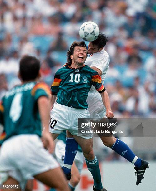 Lothar Matthaeus of Germany wins the ball in the air during the US Cup match between Germany and USA on June 13, 1993 in Chicago, United States.