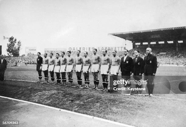 The Italian football team with their coach Vittorio Pozzo before the World Cup final against Hungary at the Stade Olympique de Colombes, Paris. The...