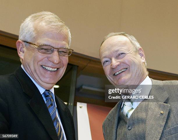 Dr. Andreas Kohl, President of Austria?s Nationalrat and Spanish Josep Borrell European parliament president laugh during the joint Parliamentary...