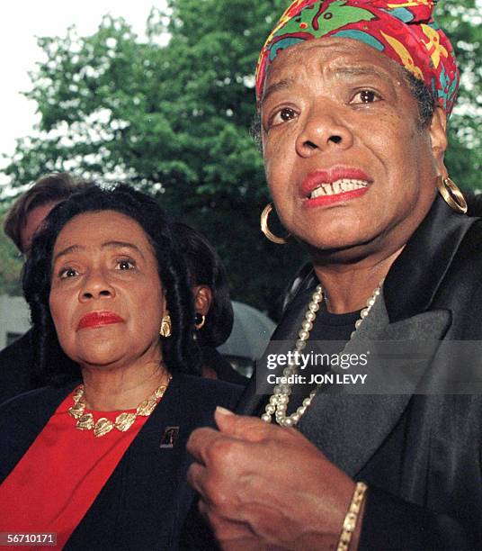 Coretta Scott King , widow of slain civil rights leader Martin Luther King Jr., and Maya Angelou speak to members of the media 02 June 1997 after...