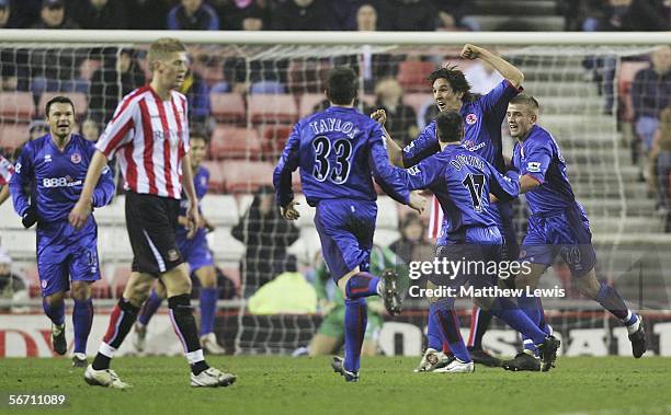 Emanuel Pogatetz of Middlesbrough celebrates his goal during the Barclays Premiership match between Sunderland and Middlesbrough at the Stadium of...