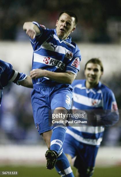 Nicky Shorey of Reading celebrates scoring the first goal for Reading during the Coca-Cola Championship match between Reading and Norwich City at the...