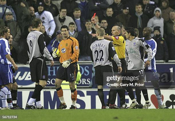 Duncan Ferguson of Everton is sent off during the Barclays Premiership match between Wigan Athletic and Everton at the JJB Stadium on January 31,...