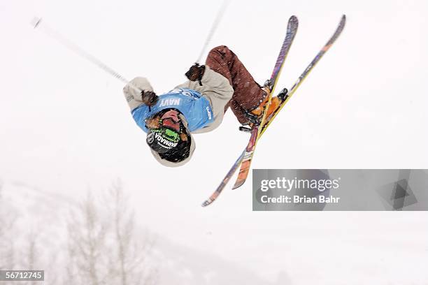 Sean Field flips himself during the Men's Skiing Superpipe Qualifying at Winter X Games 10 on January 31, 2006 at Buttermilk Mountain in Aspen,...