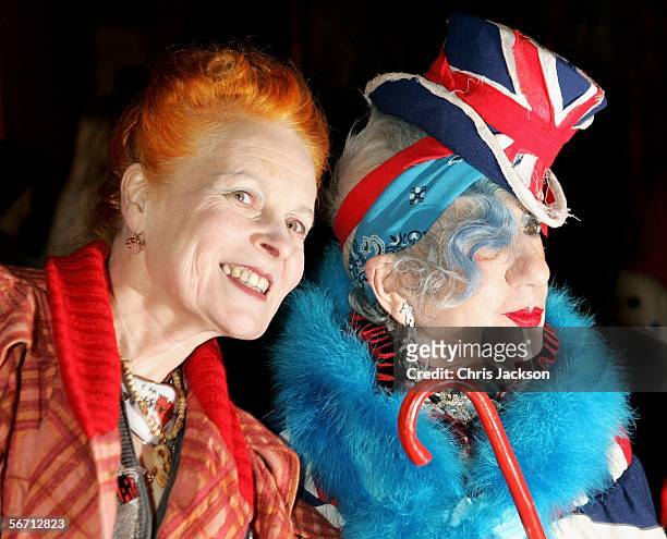 Designers Vivienne Westwood and Anna Piaggi attend the private view for Piaggi's new exhibition "Fashion-ology" at the Victoria & Albert Museum on...