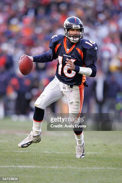 Jake Plummer of the Denver Broncos rolls out to pass against the Pittsburgh Steelers during the AFC Championship Game January 22, 2006 at Invesco...