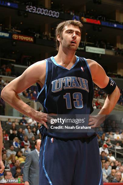 Mehmet Okur of the Utah Jazz stands on the court during the game against the Los Angeles Clippers on January 16, 2006 at Staples Center in Los...