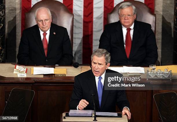 President George W. Bush delivers his State of the Union speech as Vice President Dick Cheney and House of Representatives Speaker Dennis Hastert...