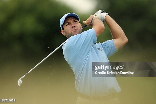 Andrew Tschudin of Australia tees off on day two of final International Qualifying for the Open Championships, at Kingston Heath Golf Course February...