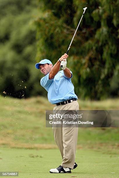Andrew Tschudin of Australia plays a shot off the fairway on day two of final International Qualifying for the Open Championships, at Kingston Heath...