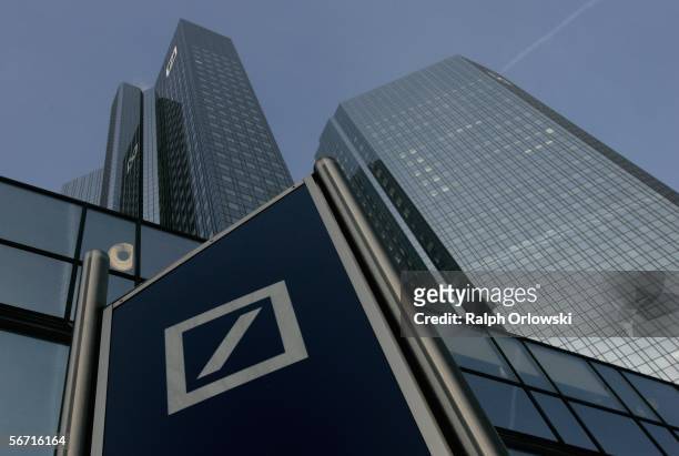 Deutsche Bank logo is pictured in front of their headquarters on February 2, 2006 in Frankfurt, Germany. The bank is set to announce its annual...