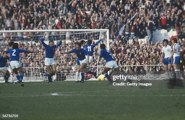 Giancarlo Antognoni of Italy scores the opening goal during the FIFA World Cup Finals 1978 Qualifying Match between Italy and England held on...