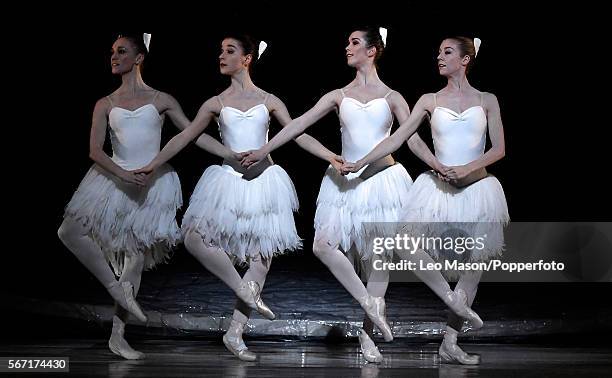 Cygnet members of The Australian Ballet company performing SWAN LAKE at the Coliseum on July 13, 2016 in London, England.