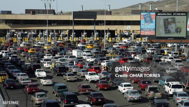 Thousands of cars line up to enter the US 27 January 2006 at the San Ysidro Port of Entry in San Ysidro, CA. US Customs and Border Patrol officials...