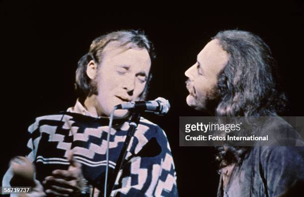 American musicians Stephen Stills and David Crosby of the group Crosby, Stills, & Nash performs on stage at the Woodstock Music and Art Festival,...