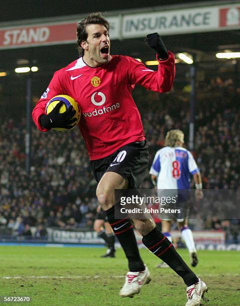 Ruud van Nistelrooy of Manchester United celebrates scoring their second goal during the Barclays Premiership match between Blackburn Rovers and...