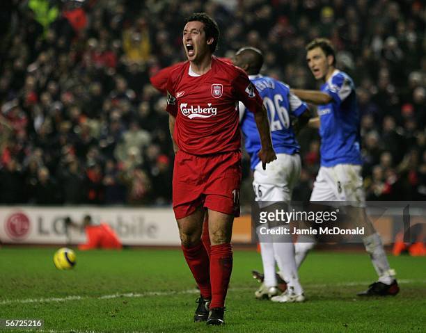 Robbie Fowler of Liverpool screams in frustration after his last minute goal was dissallowed during the Barclays Premiership match between Liverpool...