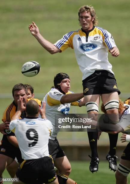 Jason Eaton of the Hurricanes takes a lineout ball during the Super 14 rugby pre-season match between the Hurricanes and the Chiefs at the...