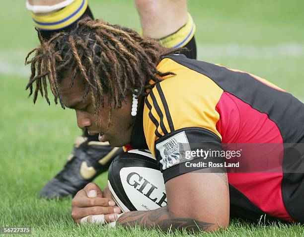 Sione Lauaki of the Chiefs scores a try during the Super 14 rugby pre-season match between the Hurricanes and the Chiefs played at the International...