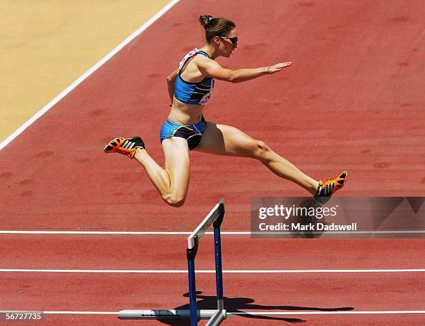 Lauren Boden of the ACT on her way to winning the second heat of the Womens 400 Metres Hurdles during day one of the Athletics Australia Telstra...