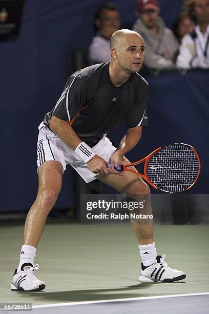 Andre Agassi in action during the Delray Beach International Tennis Championships on February 1, 2006 in Delray Beach, Florida. Agassi defeated Ramon...