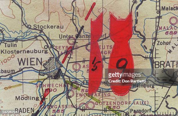 Hartunian.Map3.DB.5/17/96.SanDiego. The half a bomb symbol on his bombardier's map marks the 15th and illfated mission on which WWII Army Air Corps...