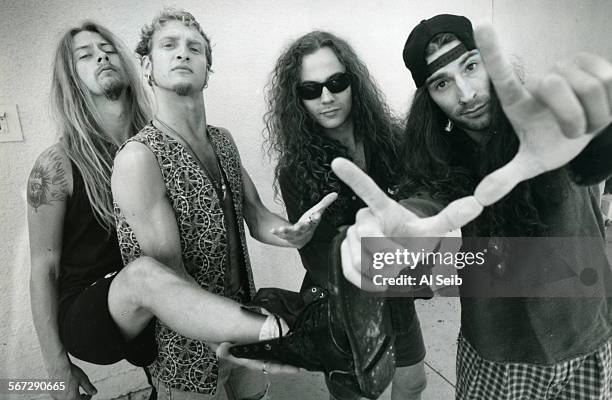 Rock group Alice in Chains. Left to right Jerry Cantrell, guitar; Layne Staley, vocals, Michael Starr, bass and Sean Kinney in Hollywood for...