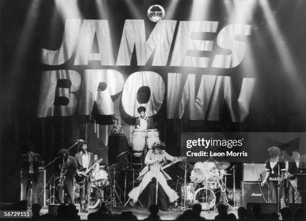 James Brown, the 'Godfather of Soul', in concert, circa 1985.