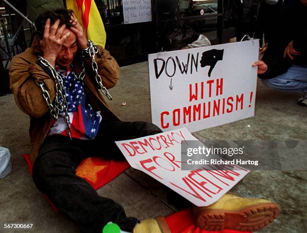 Protest.Hung.RH021199Tears fall from the eyes of antiCommunist protester Hung Nguyen as he takes part in demonstrations in front of Truong Van...