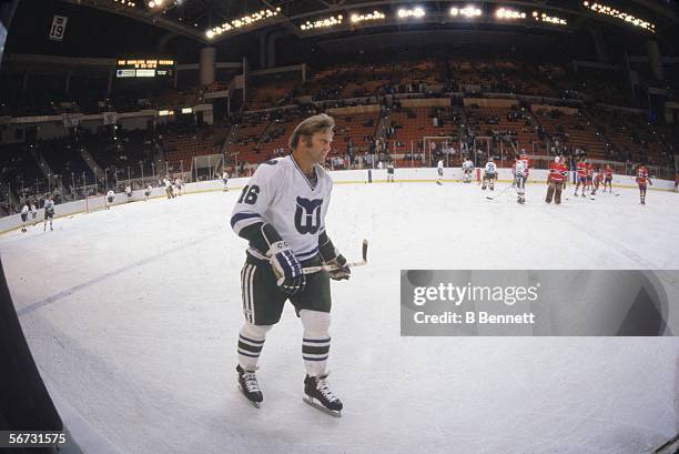Canadian hockey player Bobby Hull of the Hartford Whalers skates on the ice duri the pre-game warm-up before a match against the Montreal Canadiens...