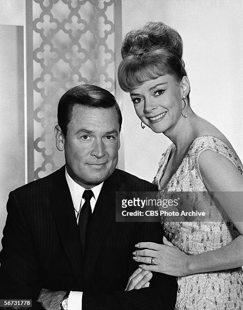 American game show host Bob Barker and actress June Lockhart pose together for a publicity photo for the Miss Universe and Miss USA beauty pageants,...