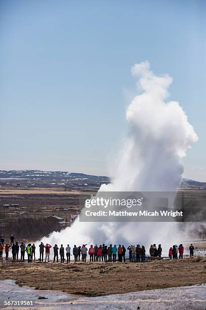 the famous strokkur geyser of iceland - strokkur stock pictures, royalty-free photos & images