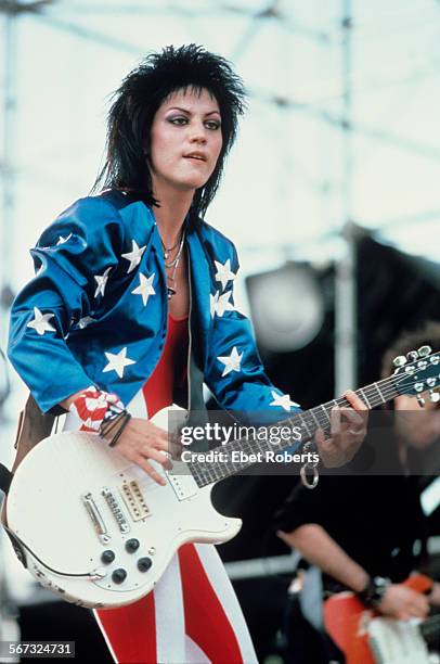 Joan Jett performing at the Beach Boys 4th of July Extravaganza in Philadelphia, Pennsylvania on July 4, 1985.