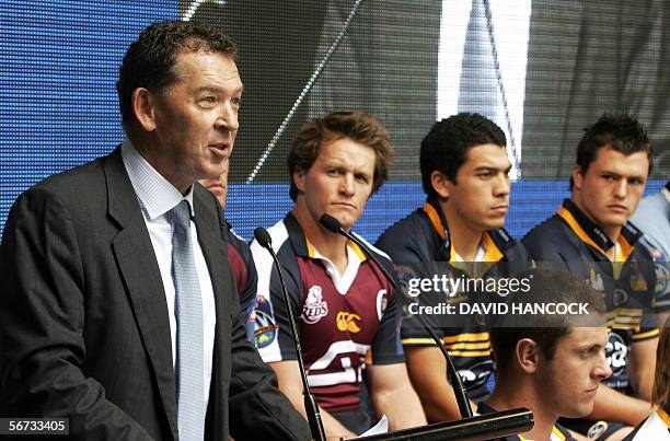 Chief Executive of the Australian Rugby Union Gary Flowers addresses players and the public during a promotional launch for the Super 14 competition...