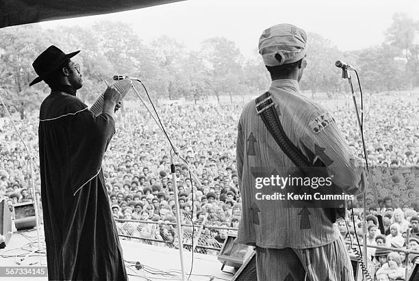 Singers Michael Riley and David Hinds performing with English roots reggae band Steel Pulse at the Northern Rock Against Racism Festival in Alexandra...