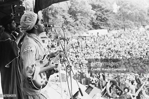 Singer David Hinds performing with English roots reggae band Steel Pulse at the Northern Rock Against Racism Festival in Alexandra Park, Manchester,...