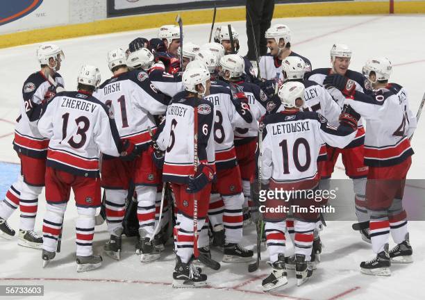 The Columbus Blue Jackets celebrate their 2-1 victory after a shootout against the Edmonton Oilers on February 2, 2006 at Rexall Place in Edmonton,...